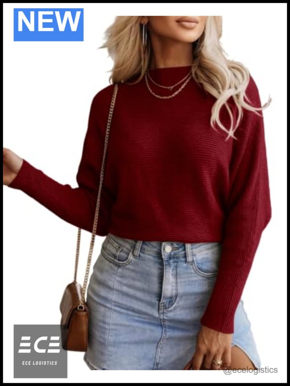 CHICME Womens Ribbed Knit Batwing Sleeve Crop Sweater Boat Neck Pullover